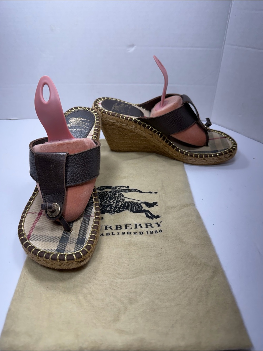 Burberry Nova Check Brown Leather Espadrille Wedge Sandals Women size 37(6.5US)
